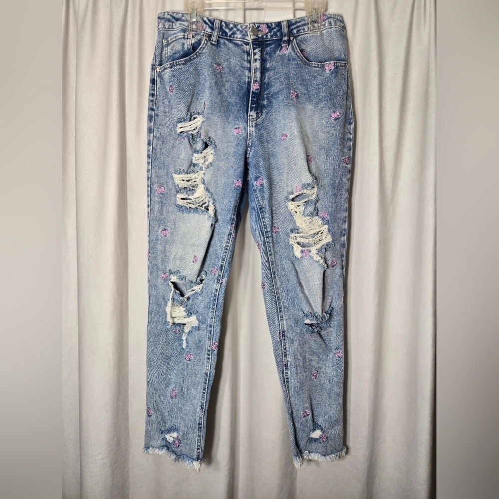 Tinseltown High Waisted Embroidered Butterfly Jeans Distressed Sz 15